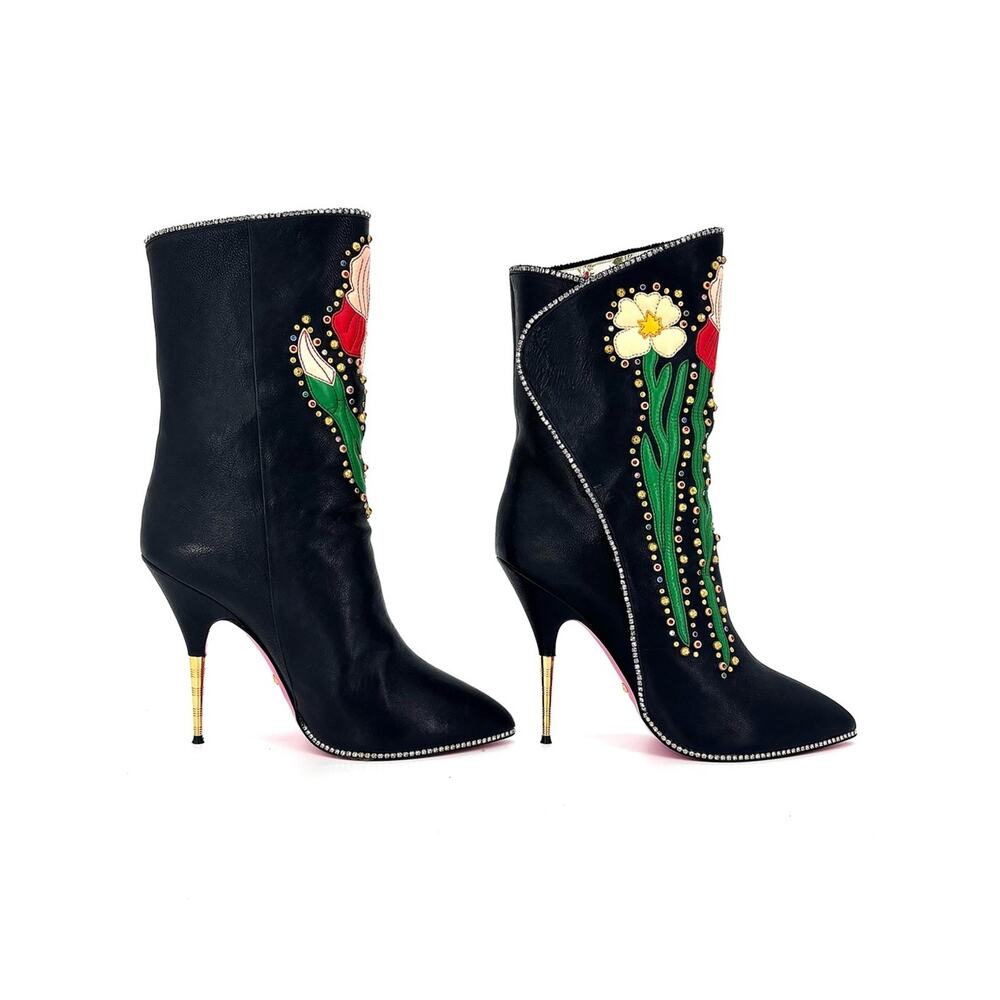Gucci Intarsia Fosca Floral Black Leather Heeled Boots 40 - Picture 5 of 8